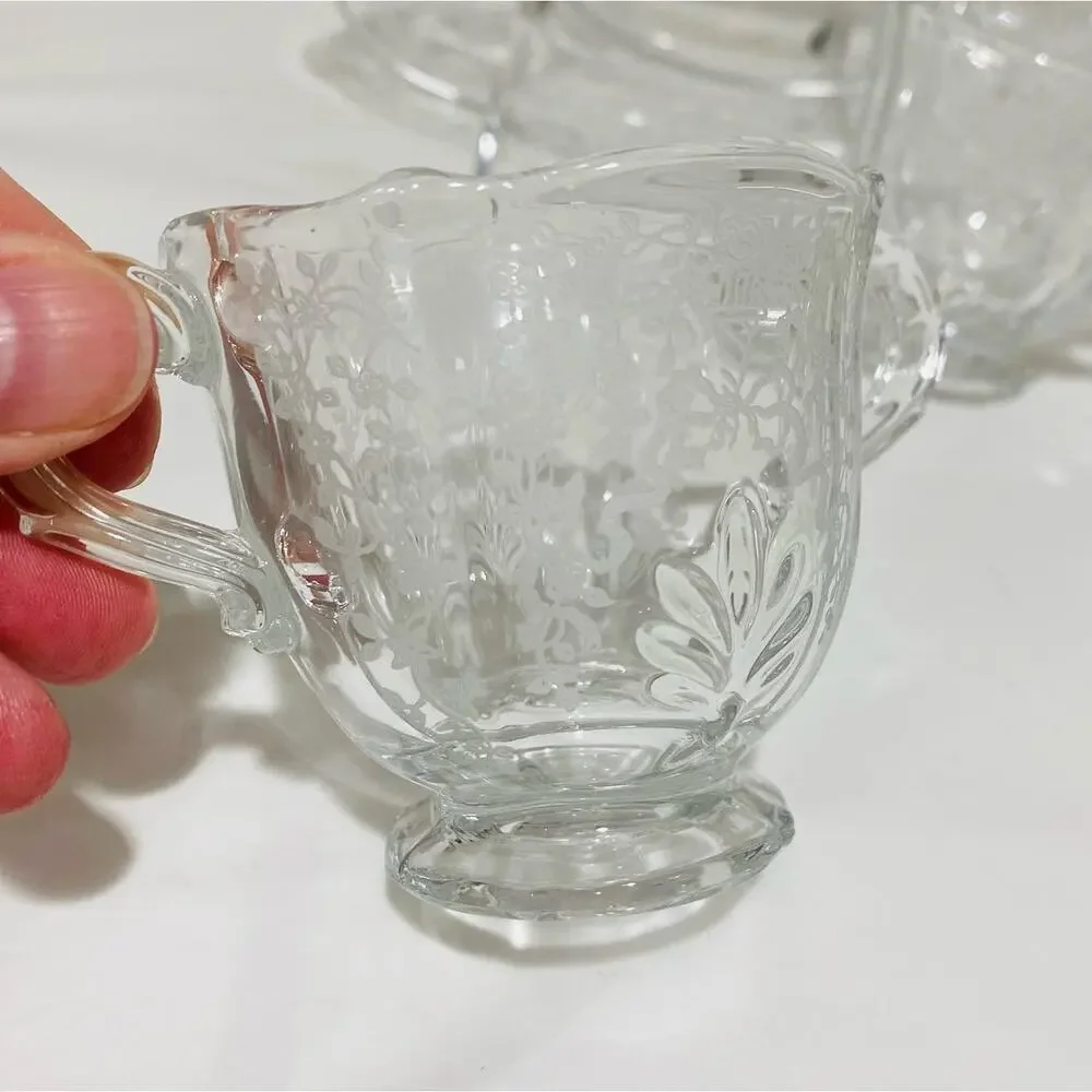 Fostoria Corsage Pattern Clear Etched Crystal Creamer Sugar Bowl & Relish Dish